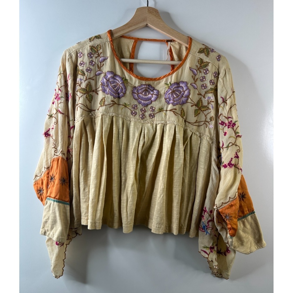 Free People Waiting On A Sunny Day Top Embroidered Birds Oversized XS Boho Gypsy - Picture 2 of 13